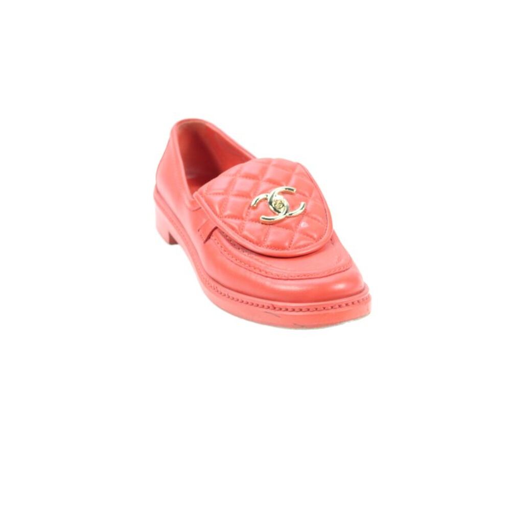 Chanel Womens Leather Quilted Logo Slide On Loafers Red Size 37.5 7.5